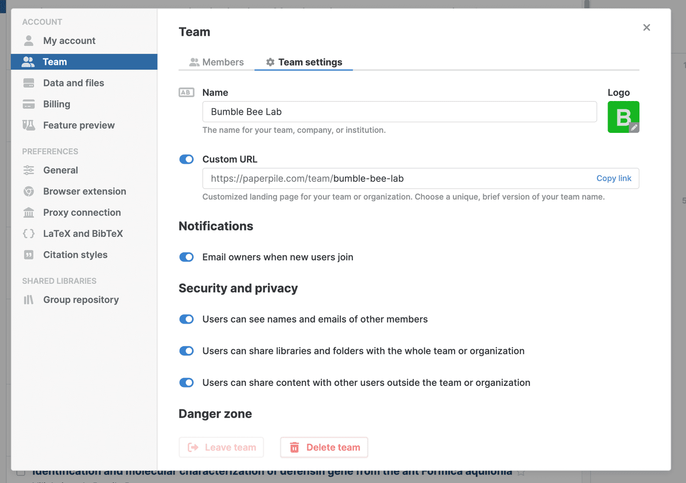 Team settings in Paperpile